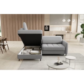 Canapé d'angle convertible en tissu bouclette gris luxe 3 places BARTOLI, angle gauche (vu de face)