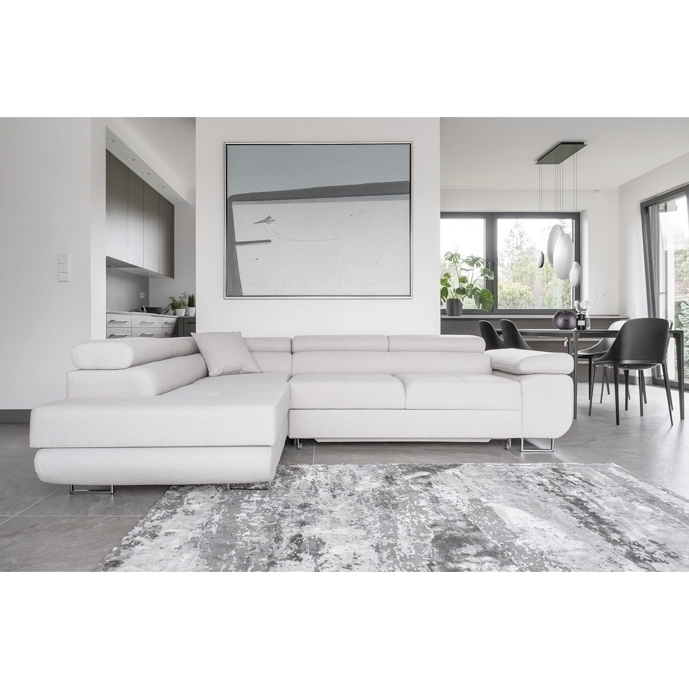 Canapé d'angle convertible en velours luxe 5 places, avec coffre, blanc, angle gauche (vu de face), ANNECY VELOURS Luxe