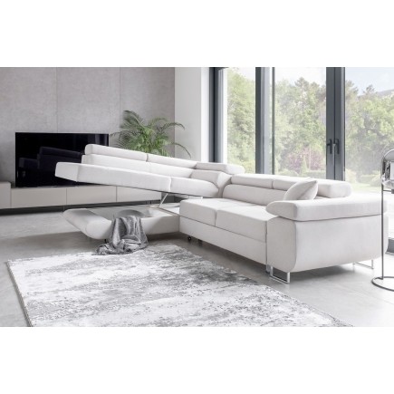 Canapé d'angle convertible en velours luxe 5 places, avec coffre, blanc, angle gauche (vu de face), ANNECY VELOURS Luxe