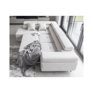 Canapé d'angle convertible en velours luxe 5 places, avec coffre, blanc, angle gauche (vu de face), ANNECY VELOURS Luxe