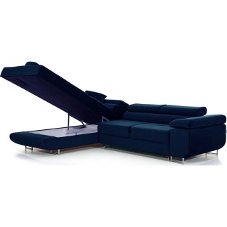 Canapé d'angle convertible en velours luxe 5 places, avec coffre, bleu foncé, angle gauche (vu de face), ANNECY VELOURS