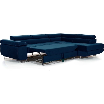 Canapé d'angle convertible en velours luxe 5 places, ANNECY VELOURS, couleur bleu foncé, angle droit (vu de face)