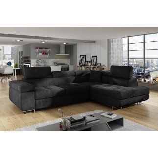 Canapé d'angle convertible en velours luxe 5 places, ANNECY VELOURS, couleur gris anthracite, angle droit (vu de face)