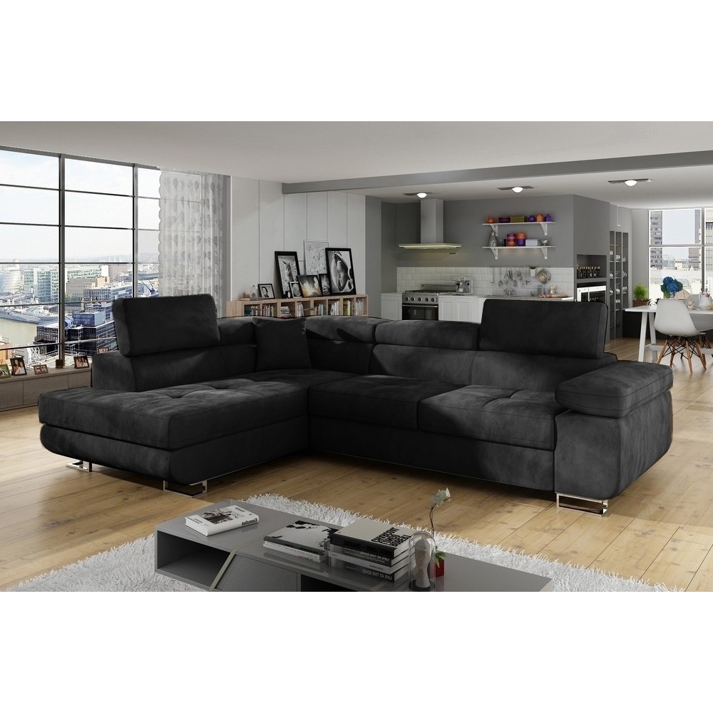 Canapé d'angle convertible en velours luxe 5 places, avec coffre, gris anthracite, angle gauche (vu de face), ANNECY VELOURS