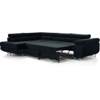 -Canapé d'angle convertible en velours luxe 5 places, avec coffre, noir, angle gauche (vu de face), ANNECY VELOURS