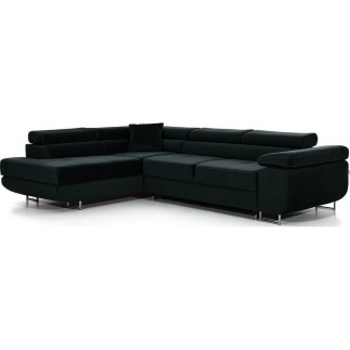 -Canapé d'angle convertible en velours luxe 5 places, avec coffre, noir, angle gauche (vu de face), ANNECY VELOURS