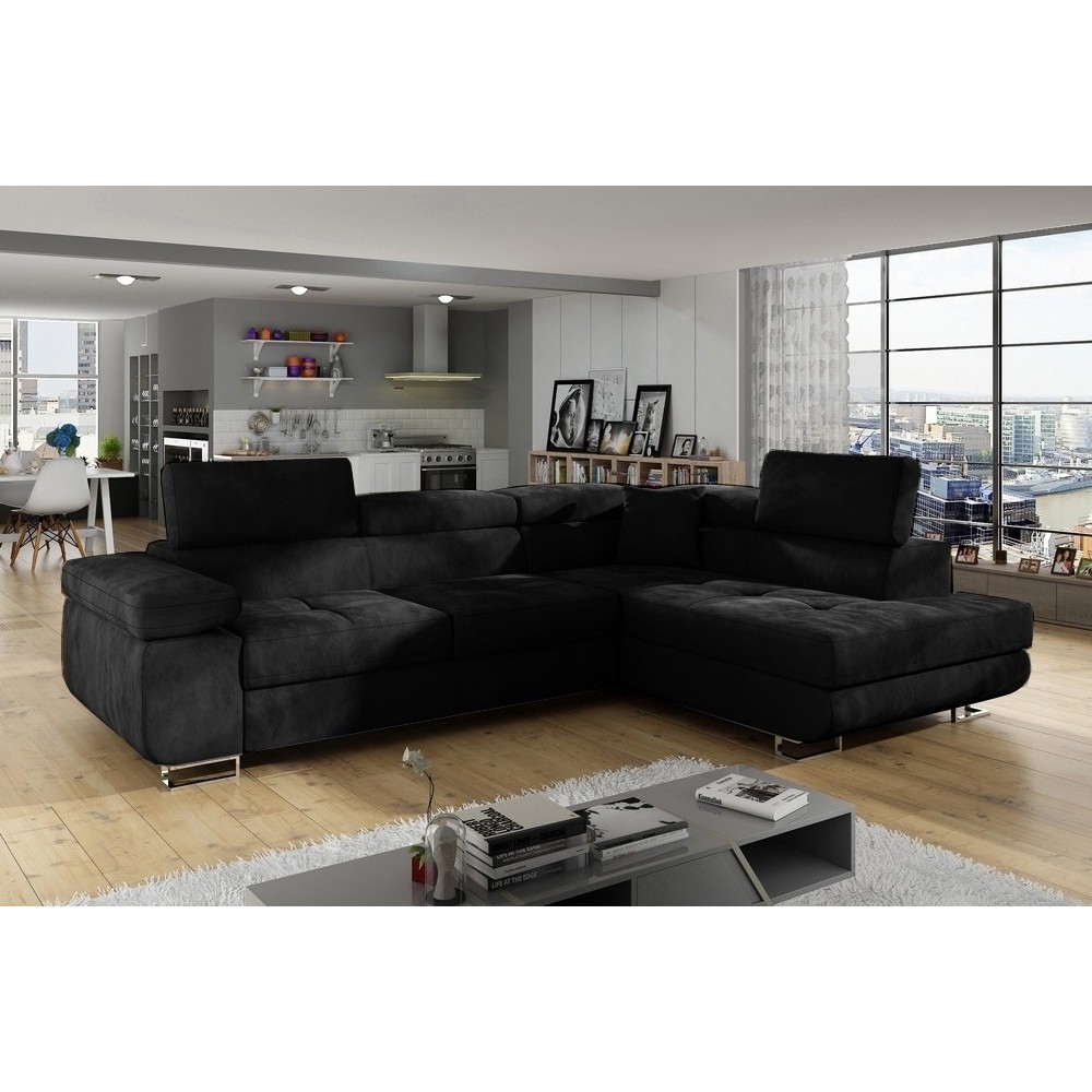 Canapé d'angle convertible en velours luxe 5 places, ANNECY VELOURS, couleur noir, angle droit (vu de face)