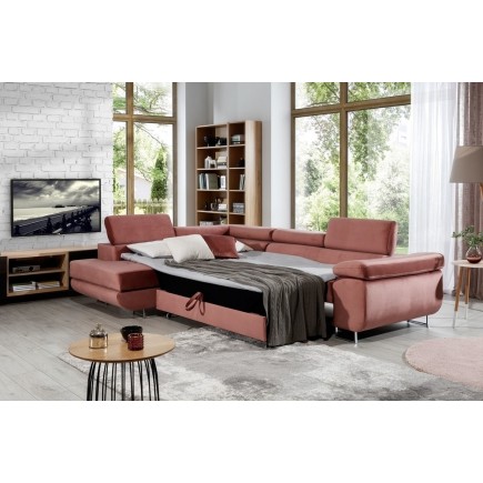 -Canapé d'angle convertible en velours luxe 5 places, avec coffre, rose pale, angle gauche (vu de face), ANNECY VELOURS