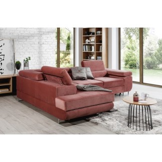 -Canapé d'angle convertible en velours luxe 5 places, avec coffre, rose pale, angle gauche (vu de face), ANNECY VELOURS