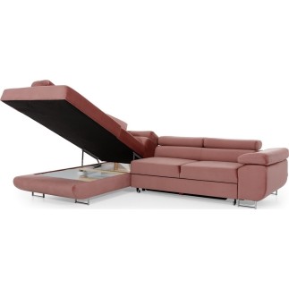 -Canapé d'angle convertible en velours luxe 5 places, avec coffre, rose pale, angle gauche (vu de face), ANNECY VELOURS