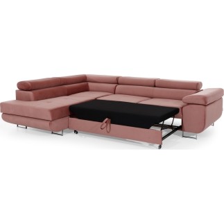 -Canapé d'angle convertible en velours luxe 5 places, avec coffre, rose pale, angle gauche (vu de face), ANNECY VELOURS