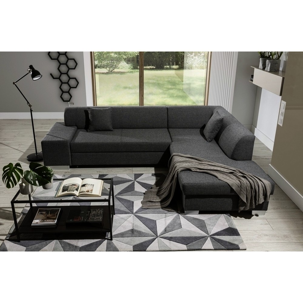 Canapé d'angle convertible en tissu luxe 5 places, coffre, gris foncé, angle droit (vu de face), PORTOFINO