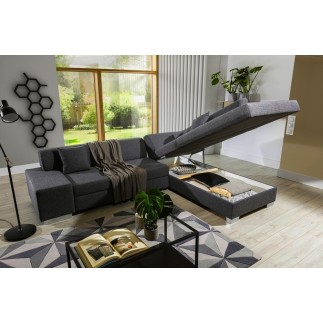 Canapé d'angle convertible en tissu luxe 5 places, coffre, gris foncé, angle droit (vu de face), PORTOFINO