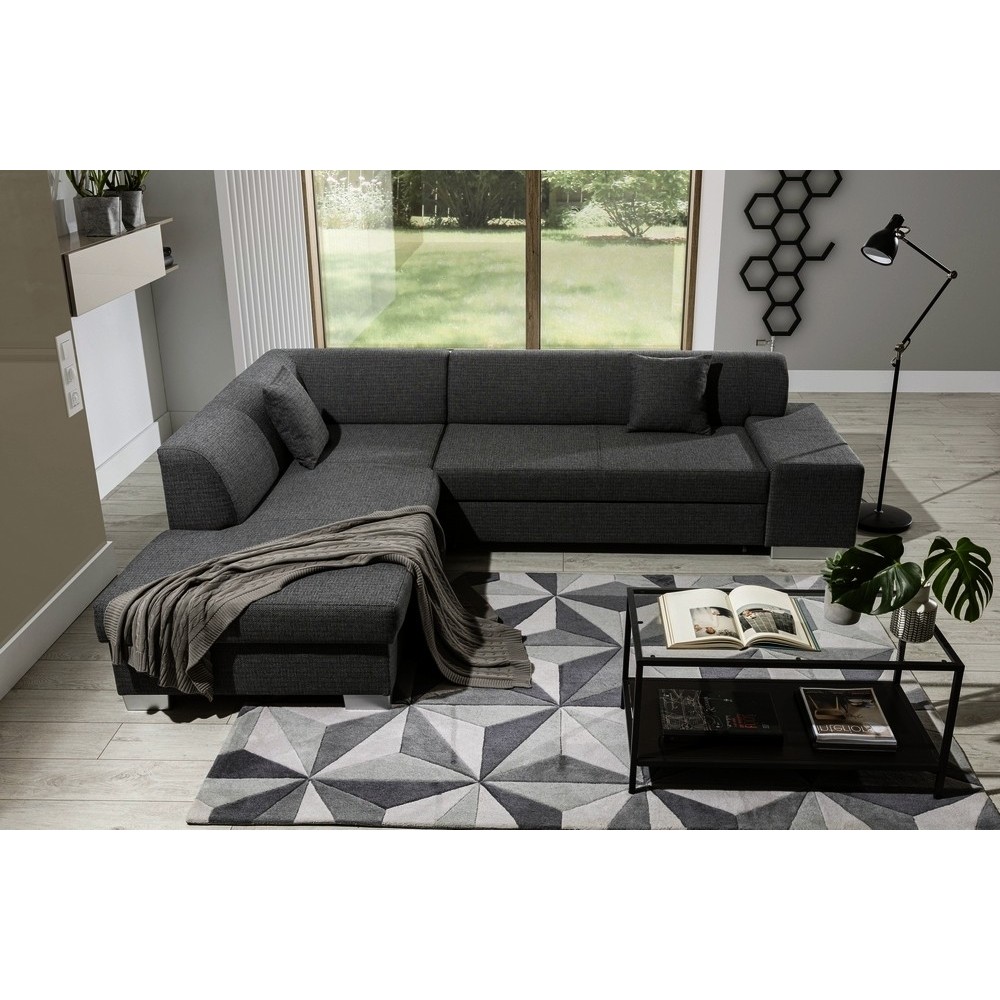 Canapé d'angle convertible en tissu luxe 5 places, coffre - gris foncé, angle gauche (vu de face), PORTOFINO