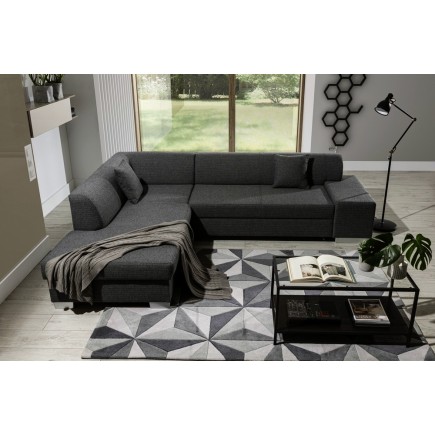 Canapé d'angle convertible en tissu luxe 5 places, coffre - gris foncé, angle gauche (vu de face), PORTOFINO