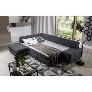 Canapé d'angle convertible en tissu luxe 5 places, coffre - gris foncé, angle gauche (vu de face), PORTOFINO