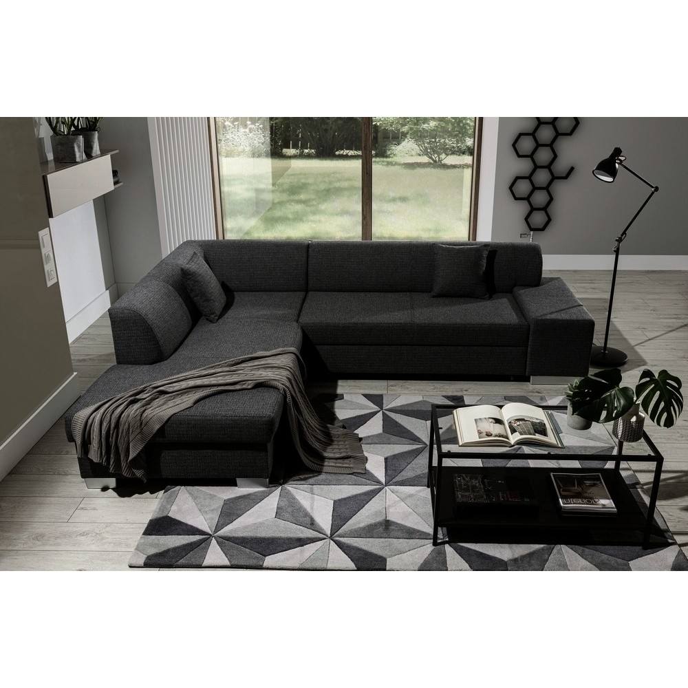 Canapé d'angle convertible en tissu luxe 5 places, coffre - noir, angle gauche (vu de face), PORTOFINO