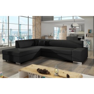 Canapé d'angle convertible en tissu luxe 5 places, coffre - noir, angle gauche (vu de face), PORTOFINO