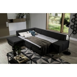 Canapé d'angle convertible en tissu luxe 5 places, coffre - noir, angle gauche (vu de face), PORTOFINO