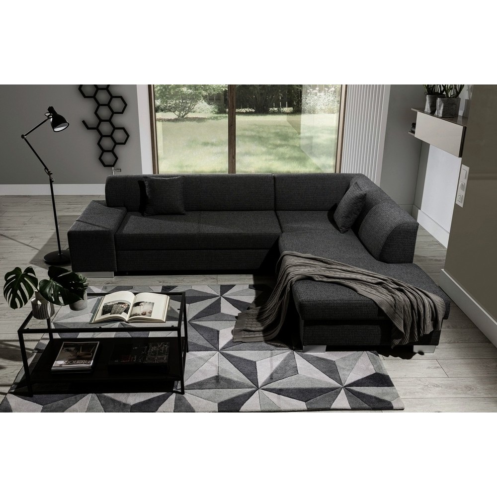 Canapé d'angle convertible en tissu luxe 5 places, coffre, noir, angle droit (vu de face), PORTOFINO