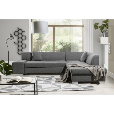 Canapé d'angle convertible en tissu luxe 5 places, coffre, gris clair, angle droit (vu de face), PORTOFINO