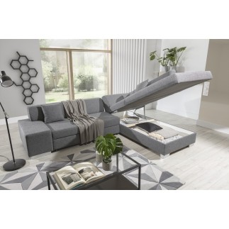 Canapé d'angle convertible en tissu luxe 5 places, coffre, gris clair, angle droit (vu de face), PORTOFINO