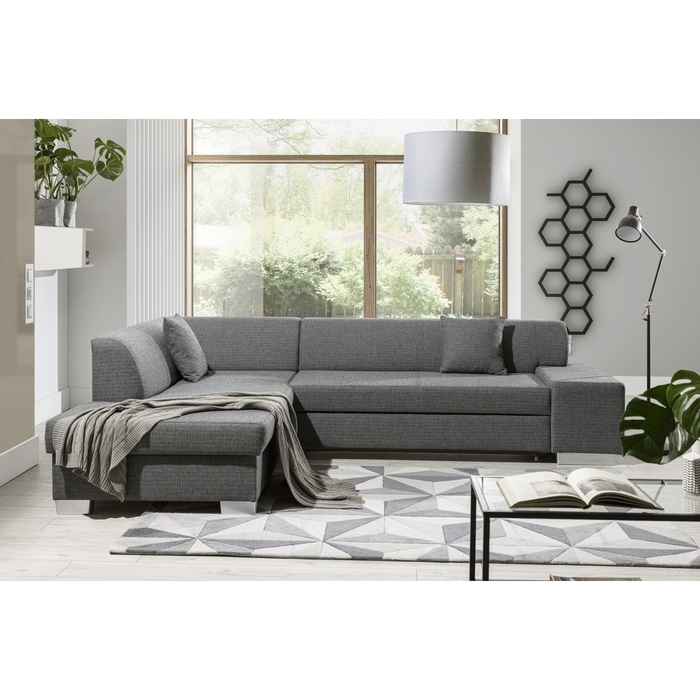 Canapé d'angle convertible en tissu luxe 5 places, coffre - gris clair, angle gauche (vu de face), PORTOFINO
