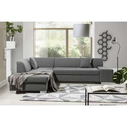 Canapé d'angle convertible en tissu luxe 5 places, coffre - gris clair, angle gauche (vu de face), PORTOFINO