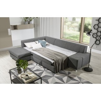 Canapé d'angle convertible en tissu luxe 5 places, coffre - gris clair, angle gauche (vu de face), PORTOFINO