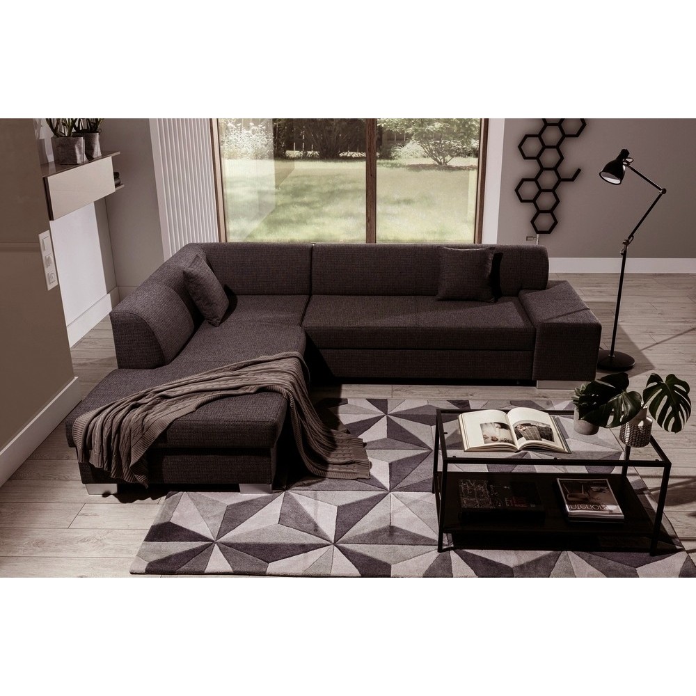Canapé d'angle convertible en tissu luxe 5 places, coffre - marron foncé, angle gauche (vu de face), PORTOFINO