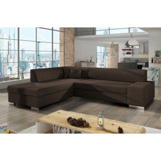 Canapé d'angle convertible en tissu luxe 5 places, coffre - marron foncé, angle gauche (vu de face), PORTOFINO