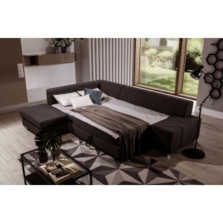 Canapé d'angle convertible en tissu luxe 5 places, coffre - marron foncé, angle gauche (vu de face), PORTOFINO