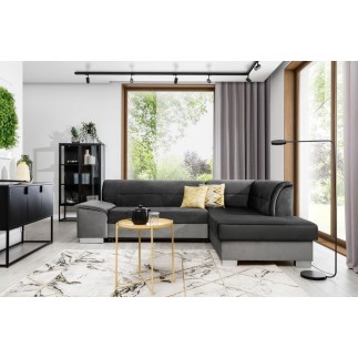 Canapé d'angle convertible en tissu luxe 5 places, avec coffre - gris foncé et gris clair, angle droit (vu de face), VERTU VELOU