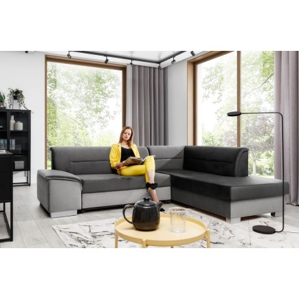Canapé d'angle convertible en tissu luxe 5 places, avec coffre - gris foncé et gris clair, angle droit (vu de face), VERTU VELOU