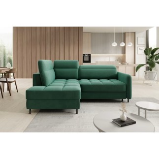 Canapé d'angle convertible en velours vert luxe 3 places BARTOLI, angle gauche (vu de face)