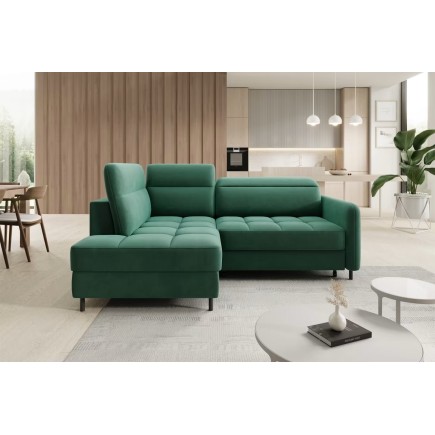 Canapé d'angle convertible en velours vert luxe 3 places BARTOLI, angle gauche (vu de face)