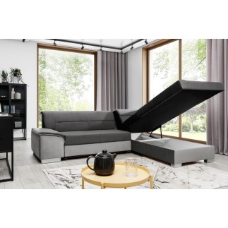 Canapé d'angle convertible en tissu luxe 5 places, avec coffre - gris foncé et gris clair, angle droit (vu de face), VERTU VELOU