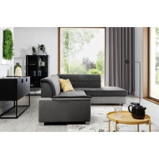 Canapé d'angle convertible en tissu luxe 5 places, avec coffre - gris foncé et gris clair, angle droit (vu de face), VERTU VELOU