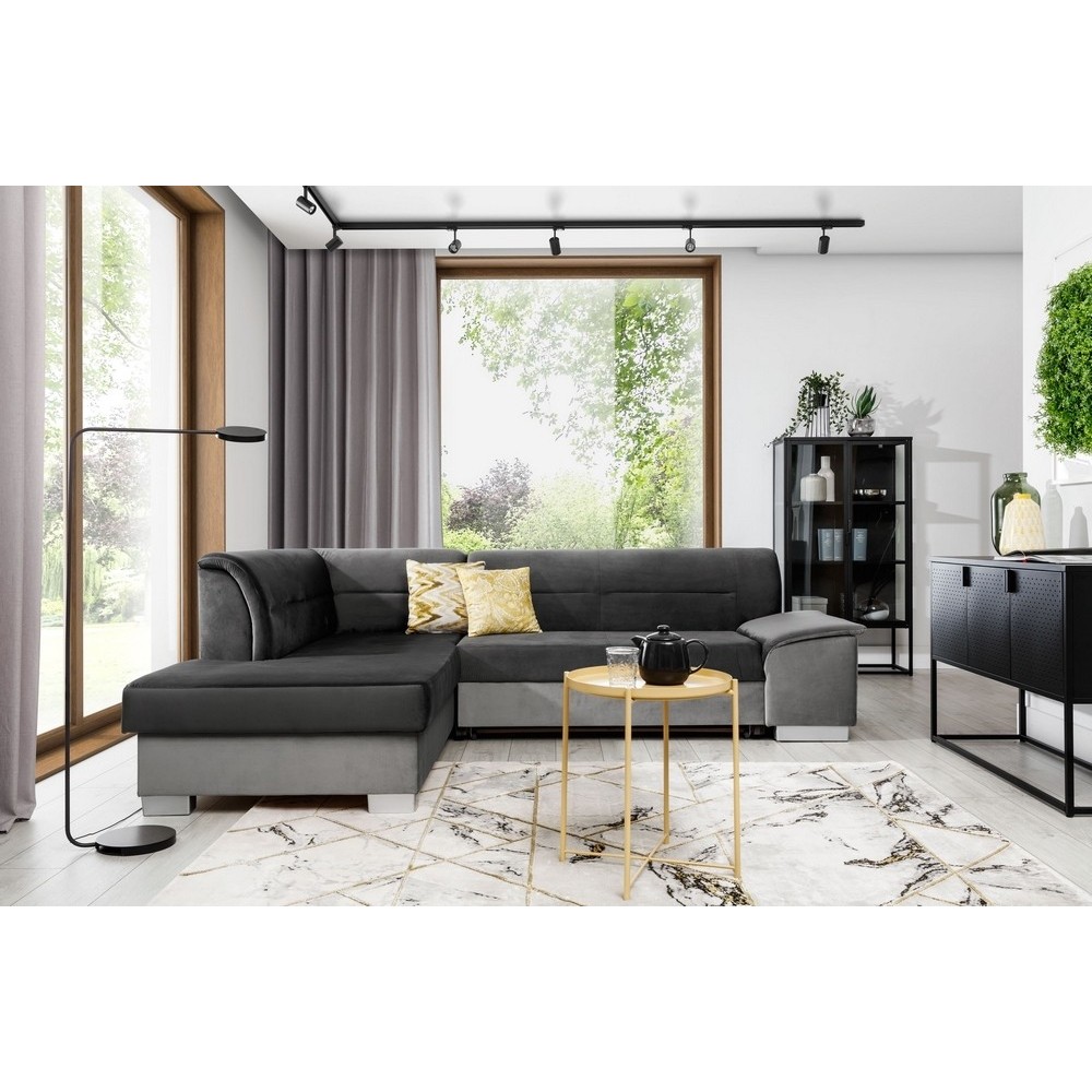 - Canapé d'angle convertible en tissu luxe 5 places, avec coffre, gris foncé et gris clair, angle gauche (vu de face), VERTU VEL