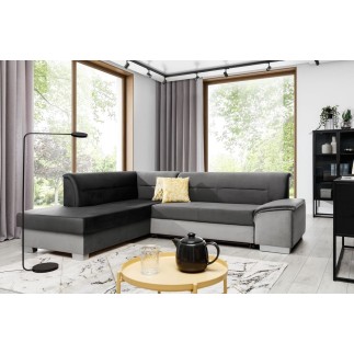 - Canapé d'angle convertible en tissu luxe 5 places, avec coffre, gris foncé et gris clair, angle gauche (vu de face), VERTU VEL