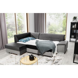- Canapé d'angle convertible en tissu luxe 5 places, avec coffre, gris foncé et gris clair, angle gauche (vu de face), VERTU VEL