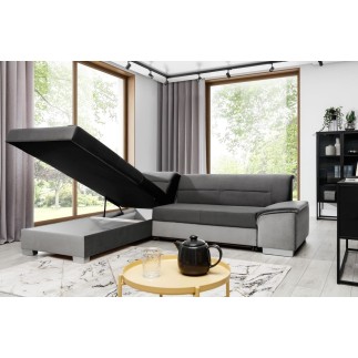 - Canapé d'angle convertible en tissu luxe 5 places, avec coffre, gris foncé et gris clair, angle gauche (vu de face), VERTU VEL