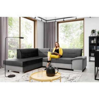 - Canapé d'angle convertible en tissu luxe 5 places, avec coffre, gris foncé et gris clair, angle gauche (vu de face), VERTU VEL