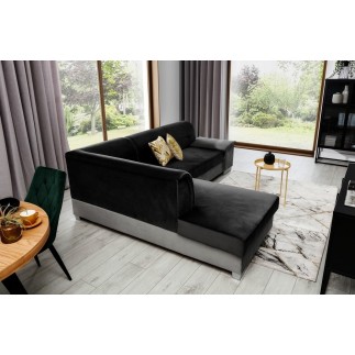 Canapé d'angle convertible en tissu luxe 5 places, avec coffre, noir et gris clair, angle gauche (vu de face), VERTU VELOURS
