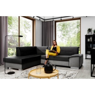 Canapé d'angle convertible en tissu luxe 5 places, avec coffre, noir et gris clair, angle gauche (vu de face), VERTU VELOURS