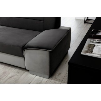 Canapé d'angle convertible en tissu luxe 5 places, avec coffre, noir et gris clair, angle gauche (vu de face), VERTU VELOURS