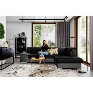 Canapé d'angle convertible en tissu luxe 5 places, avec coffre - noir et gris clair, angle droit (vu de face), VERTU VELOURS
