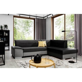 Canapé d'angle convertible en tissu luxe 5 places, avec coffre - noir et gris clair, angle droit (vu de face), VERTU VELOURS