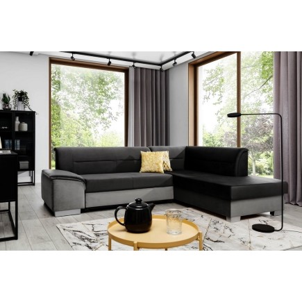 Canapé d'angle convertible en tissu luxe 5 places, avec coffre - noir et gris clair, angle droit (vu de face), VERTU VELOURS
