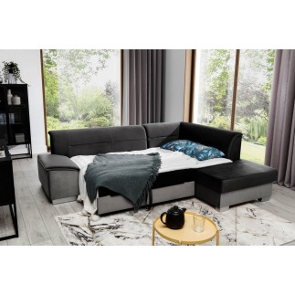 Canapé d'angle convertible en tissu luxe 5 places, avec coffre - noir et gris clair, angle droit (vu de face), VERTU VELOURS